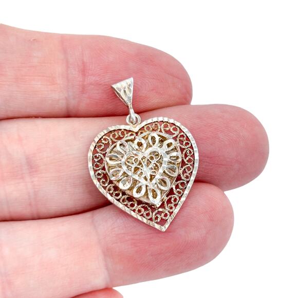 Vintage Sterling Silver 925 Filigree Heart Pendant | Intricate Romantic Jewelry - Picture 1 of 7